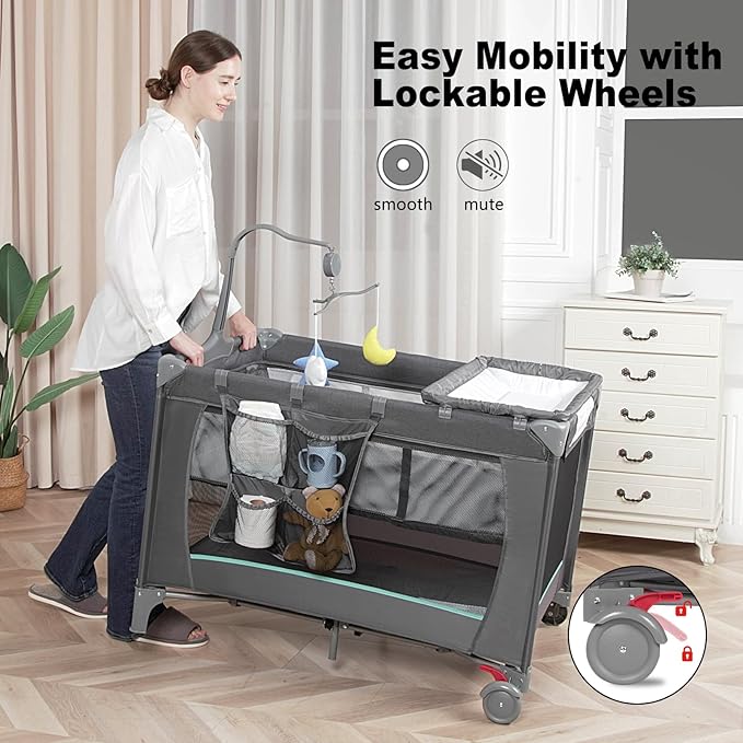 Pack and Play with Changing Table & Carry Bag, 4-in-1 Portable Crib Playpen for Newborn to Toddler, ASTM Certified Foldable Travel Crib with Bassinet(C-Cartoon)