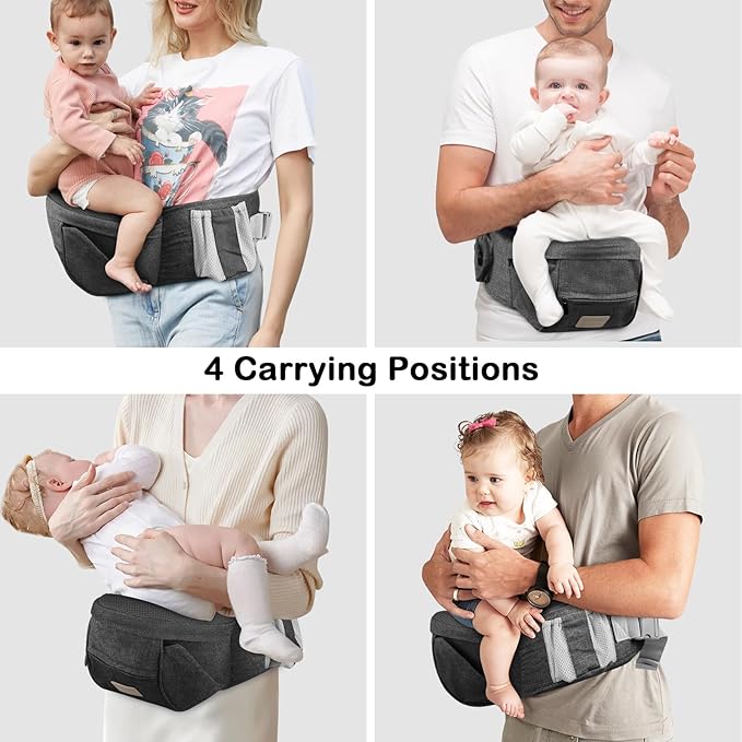 Baby Hip Seat Carrier, Adjustable Waistband with 3D Abdominal Support & Various Pockets Ergonomic Carrier for Newborns to Toddlers up to 33 lbs Medium Dark Grey