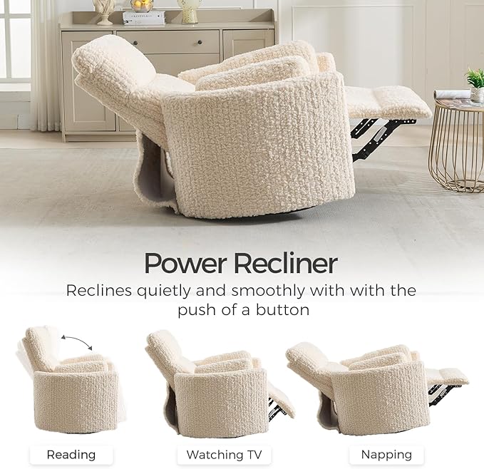 Power Swivel Glider Rocking Recliner Nursery Chair with 2 Pillows, Electric Rocker Reclining Chairs with Type-C & USB Charger Port for Living Room, High Back Barrel Armchair for Bedroom, Beige
