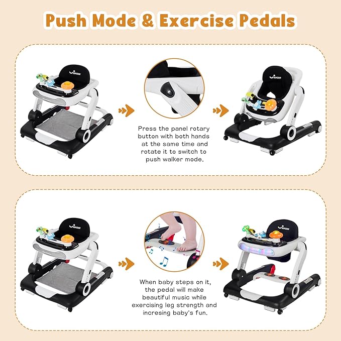 5 in 1 Baby Walker, Activity Baby Walker-Baby Bouncer, Rocker, Activity Center,Seat and Push Walker,Detachable Trampoline Mat, Adjustable Speed Rear Wheels and Height,Ages 6-18 Months (Black)