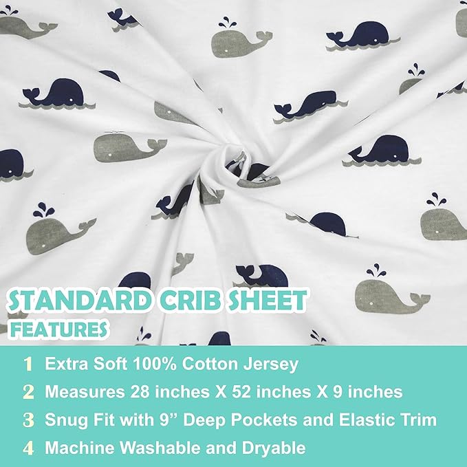 American Baby Company 3 Pack 100% Natural Cotton Fitted Crib Sheets 52" x 28" - Soft, Breathable, Hypoallergenic & Gentle Toddler Bed Sheets, Navy Whale/Gray/White, Neutral for Boys & Girls