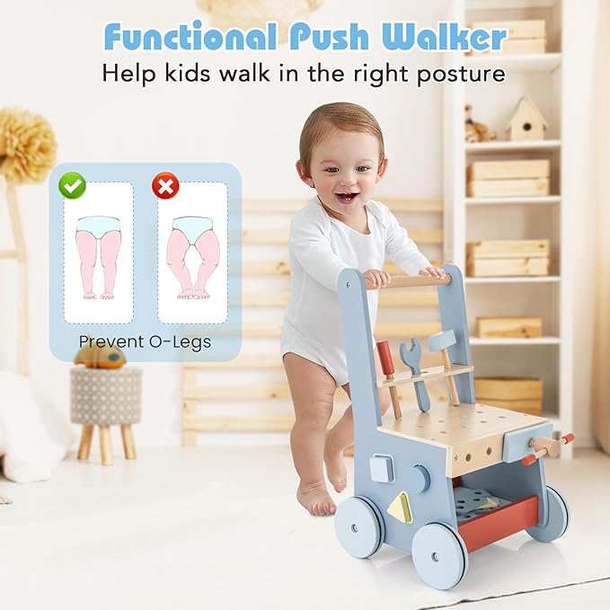 HONEY JOY Baby Push Walker, Wooden Toy Tool Bench & Activity Walker w/Shape Sorter, Develop Motor Skills & Creativity, Push Toys for Babies Learning to Walk, Gift for Boys and Girls, Blue