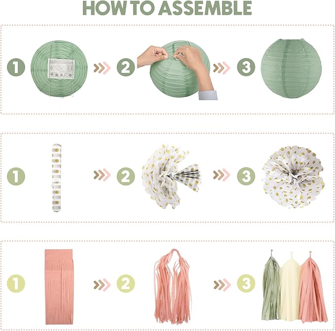 Amandir Girl Baby Shower Decorations Pink Sage Green Balloons Welcome Baby Banner, Cake Topper, Paper Lanterns, Pom Poms Flowers Tassels, Circle Dots Star Garland Gender Reveal Birthday Party Supplies
