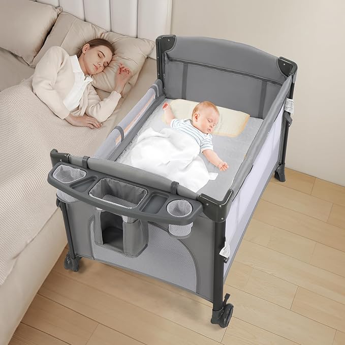 JOYMOR Twin Bassinet for Baby, Bedside Bassinet, Convertible to Bedside Sleeper and Playpen, with Wheel, Brake, Foldable Side Sleeper, Gray
