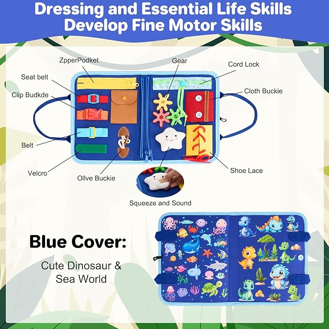 Toddler Busy Board Montessori Toys, Sensory Toys for 1 2 3 4 Year Old Boy, Busy Book Travel Educational Activities for Learning Fine Motor Skills Birthday Gifts (Blue Dinosaur/P10)
