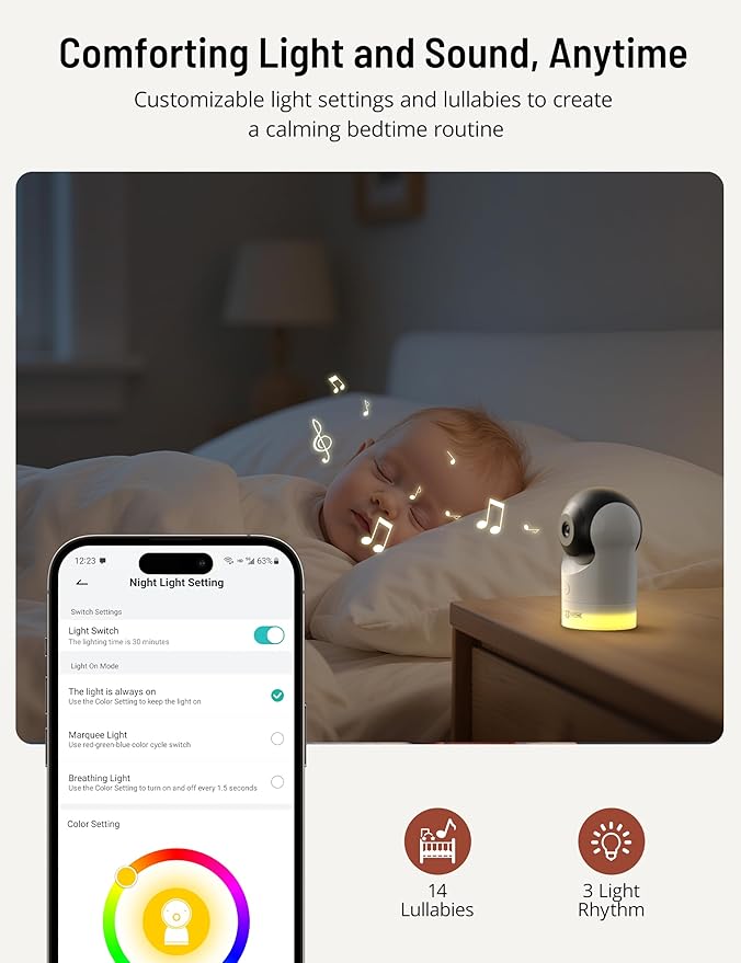 PARIS RHÔNE Split-Screen Baby Monitor, 5” Smart Video Baby Monitor with App Control, Two 2K UHD WiFi Cameras, Night Vision, Motion & Cry Detection, AI Tracking, RGB Night Light, Lullabies