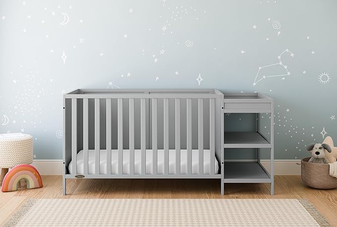 Graco Theo 5-in-1 Convertible Crib & Changer (Pebble Gray) GREENGUARD Gold Certified, Converts to Daybed, Toddler Bed, Full Size Bed, Fits Standard Full-Size Crib Mattress, Adjustable Mattress Height