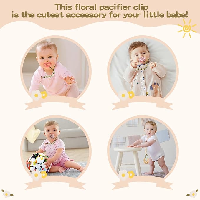 Pacifier Clip for Boys Girls Floral Daisy Macrame Paci Clip Pacifier Holder Leash Boho Wooden Clips Handmade Braided Cotton Unisex Baby Shower Birthday Gift