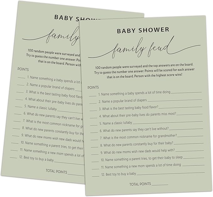 Baby Shower Family Feud Game - Pack of 30 Game Cards 1 Answer Key, Baby Shower Game for Boy & Girl, Gender Neutral Baby Shower Decorations, Baby Feud Game Supplies-07E-Atrovirens