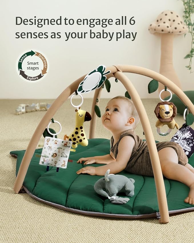 Blissful Diary Baby Play Gym & Activity Mat, Oversize Leaf Shaped Tummy Time Baby Play Mat w 6 Detachable Toys Promotes Motor Skills & Sensory Development, Newborn Infant Essentials Gift, Forest Green