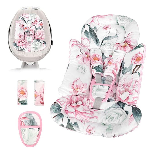 Pea Pod Infant Car Seat Insert with 3 Strap Covers, 3 in 1 Reversible Flower Baby Car Seat Head Support for Newborn, 3D Soft Minky Carseat Cushion for Preemie to Infant, Stroller, Swing, Bouncer