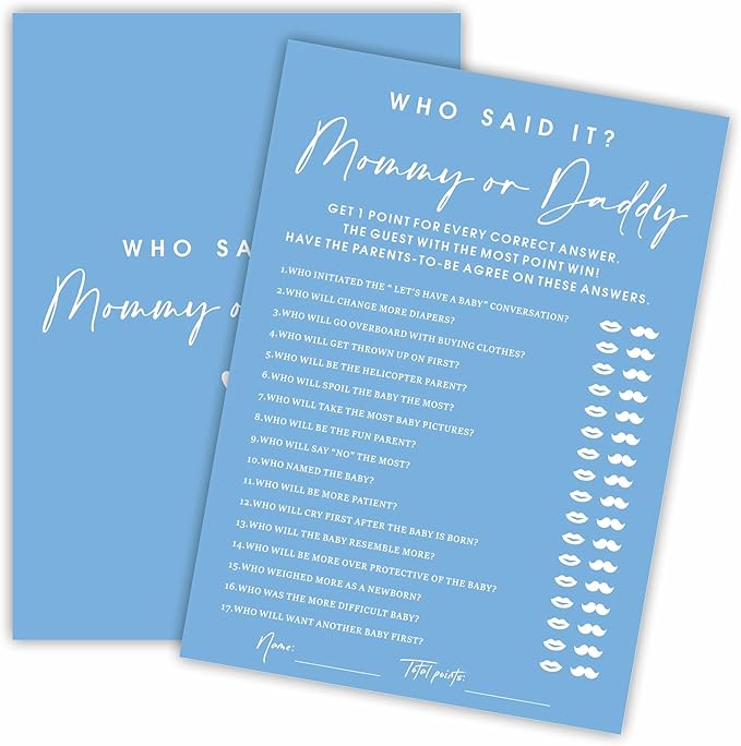 Guess Who Said It? Mommy Or Daddy Baby Shower Game Cards - Minimalism Blue - 30 Double-Sided Fill in Style Game Cards for Gender Reveal, Baby Announcement, Party Games & Activity - C04