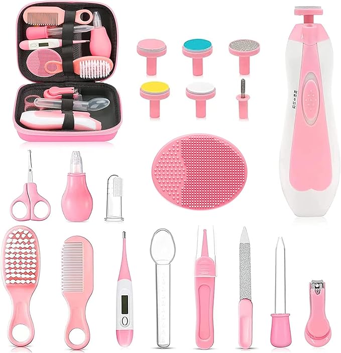 Baby Healthcare and Grooming Kit, 26 in 1 Portable Baby Safety Care Set with Hair Brush Comb Nasal Aspirator Electric Nail Trimmer Set Baby Essentials kit for Newborn Boys Girls (Pink)