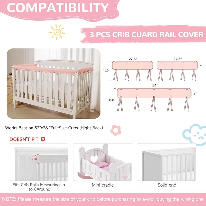 Pink 3pcs New Teething Edge Crib Rail Cover&Corner Guard Coverage Straps,Reversible Guardrail Cover Protector for Boys Girls(1 Long 2 Short)