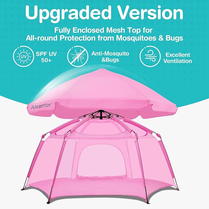 Alvantor Pop Up Playpen- 7'x7'x44”Baby Playpens Large Kids Play Tent Portable and Foldable Playpen Indoor/Outdoor Play Yard with Protective Mesh, UV SPF 50+ Sunshade, and Soft Foam Floor, Pink