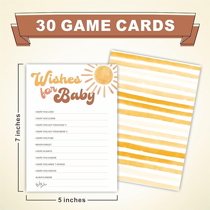 Wishes For Baby Game Kits For Baby Shower - 30 Double-Sided Fill In Watercolor Sunshine Style Game Cards For Gender Reveal, Baby Announcement, Party Favor & Supplies - C11