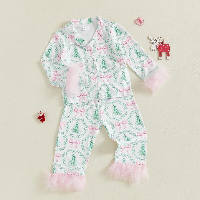 Toddler Kids Baby Girl Solid Pjs Ruffle Long Sleeve Button Shirt Top and Pants Cotton 2Piece Pajamas Set