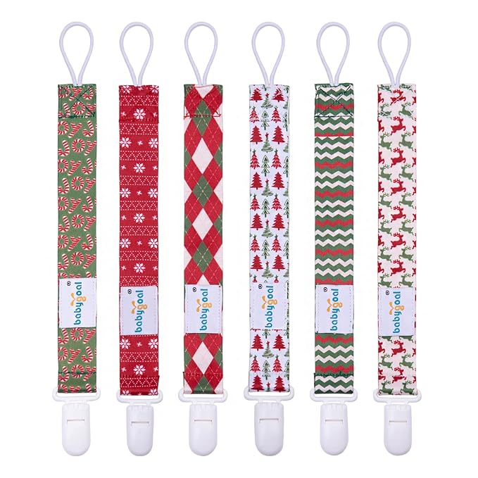 Babygoal Christmas Pacifier Clips, 6 Pack Binky Paci Holder and Leash for Boys and Girls Fits for Most Pacifier, Binkie Styles & Baby Teethers & Toys and Xmas Gift 6PB19