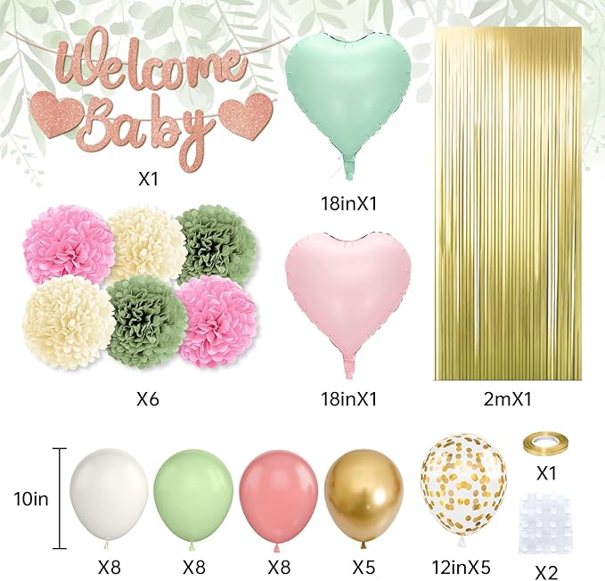 Dusty Pink Green Gold Baby Shower Decorations,Welcome Baby Banner with Sand White Sage Green Balloons Fringe Curtains Paper Pom Poms Flowers Tassels for Boho Baby Shower Gender Reveal Party Supplies