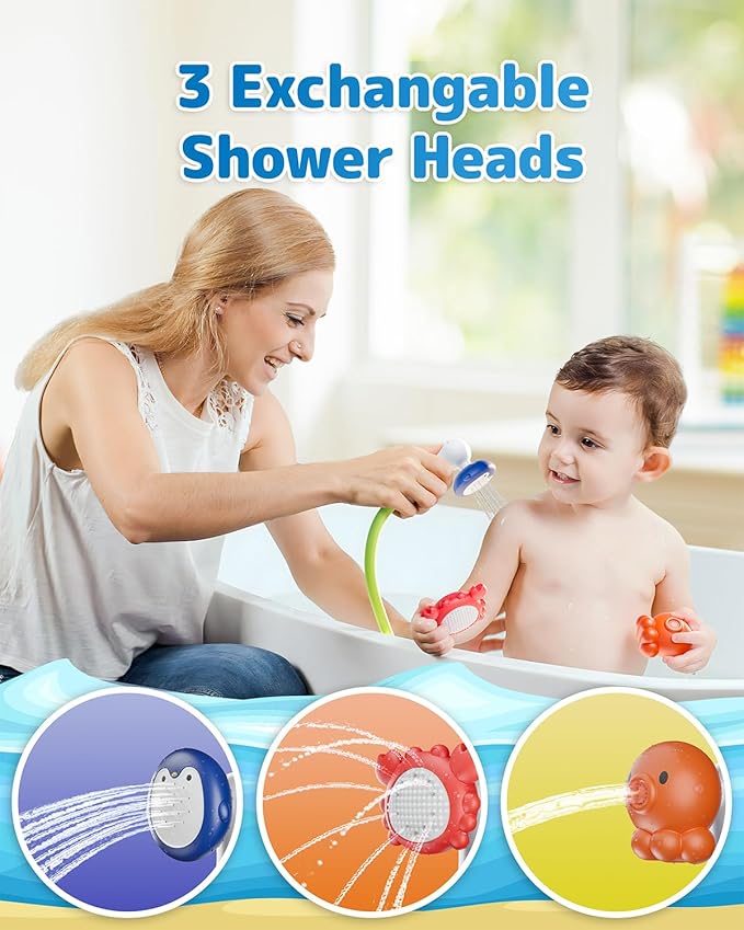 Baby Bath Shower Head with Water Thermometer, 3-in-1 Rechargeable Bath Toys, 3 Exchangable Shower Heads and Soft Silicone Baby Brush, for Newborns, Toddlers in The Tub or Sink-Sensing V3