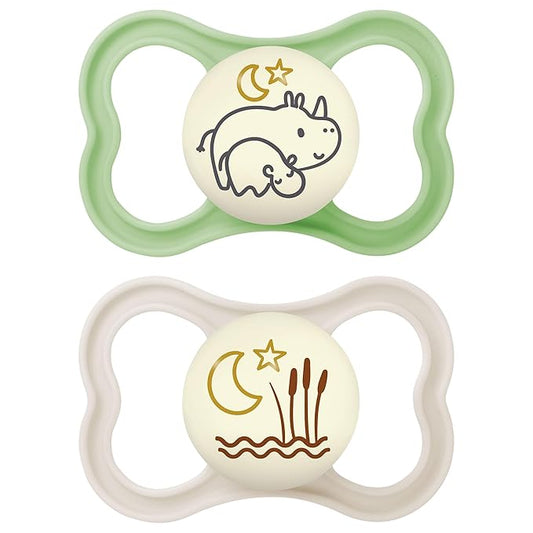 MAM Air Night Pacifiers, MAM Sensitive Skin Pacifier 6+ Months, Glow in The Dark Pacifier, Best Pacifier for Breastfed Babies, Unisex Baby Pacifiers, 2 Count (Pack of 1), Designs May Vary