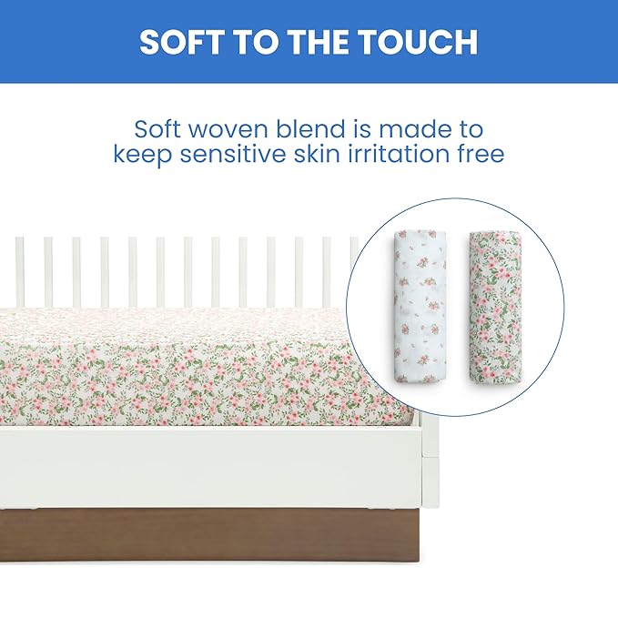 Delta Children Fitted Crib Sheets for Girls and Boys - Crib Sheet for Standard Crib and Toddler Mattresses - 28x52 Inch (Pack of 2), Pink Floral