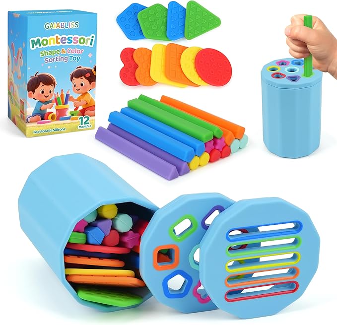 Shape & Color Sorting Montessori Baby Toddler Toys for 1 2 3 Years Boys Girls, Silicone Montessori Toys for 1 Year Old, Fine Motor Skills Sensory Toddlers Toy 1 Year Old Girl and Boy Gift, 2 in 1
