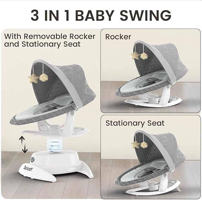 3-in-1 Baby Swing for Infants with Motion Detection, Electric Baby Swing with 3 Swing Modes, 12 Lullabies & 5-Speeds & Removable Swing Seat, BT Enabled & 360Β°Rotating Seat and Manual Remote, Gray