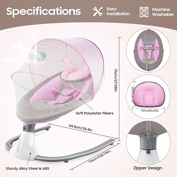 Electric Baby Swings for Infants, Pink Baby Swing with Remote Control, 5 Sway Speeds, Built-in 12 Lullabies, Compact Automatic Toddler Rocker for 0-18 Months & Max39Lbs