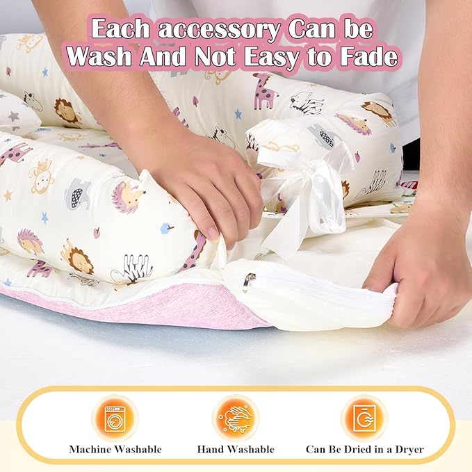 Baby Lounger for Newborn, Huggynest Portable Infant Lounger for 0-12 Months Newborn, Home Travel Dual-Purpose Baby Nest (Animal World Pink)
