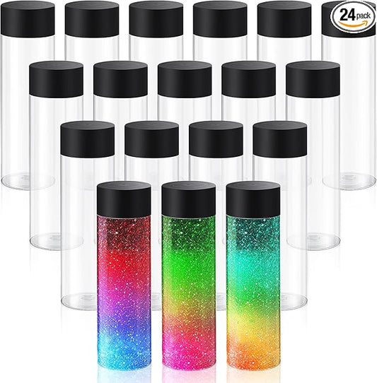 Tanlade 24 Pcs Clear Plastic Bottles Empty Sensory Bottles with Caps PET Plastic Juice Reusable Leakproof Drink Container Bulk for Juice Milk(10 Oz/ 300 ml,Black Lid)