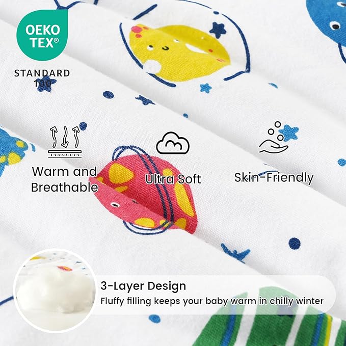 PHF 100% Cotton Baby Sleep Sack 12-18 Months, 2.5 TOG Winter Baby Wearable Blanket with 2-Way Zipper, Warm Comfy Quilted Sleeping Bags, Infant Sleeping Sack for Newborn Boys, Large Size, Space