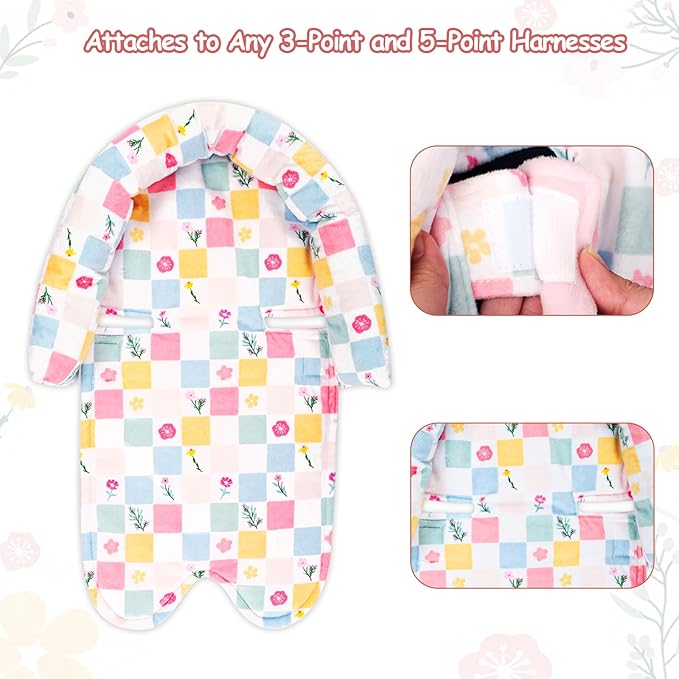 SWESEN Baby Car Seat Head Support, Super Soft 2 in 1 Infant Car Seat Insert for Girls, Reversible Newborn Car Seat Insert Cushion with Strap Covers for Strollers, Bouncers, Swing, Plaid and Floral