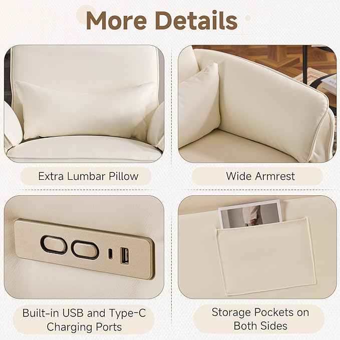 Power Recliner Rocking Chair Nursery Gliders with Adjustable Armrests and Headrest, Swivel Electric Glider Reclining Nursing Chair with USB Port and Storage Bags, FSC Certified(Leather, Beige)