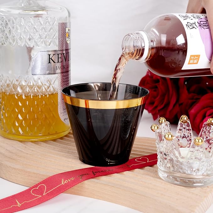 supernal 200 Pcs Gold and Black Plastic Cups-9oz Heavy Duty Plastic Cups,Gold Rimmed Disposable Cups,Disposable Wine Glasses Perfect for Wedding,Birthday Parties,Thanksgiving,Christmas