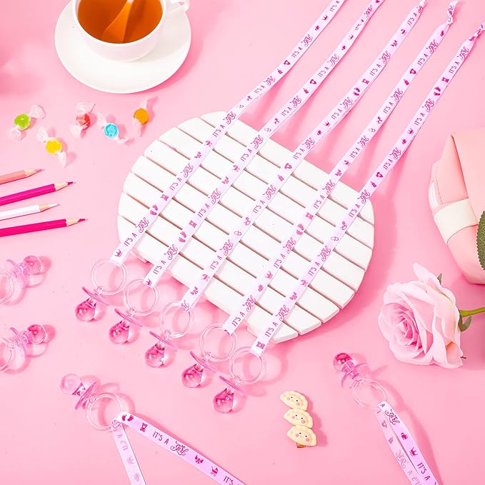Chengu 100 Pcs Baby Shower Pacifiers Necklace, Acrylic Pacifiers Necklace Charm for Gender Reveal Party Decorations(Pink)