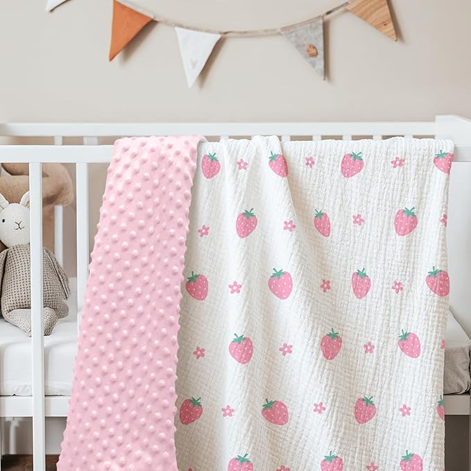 Strawberry Baby Blankets for Girls, Soft Nursery Minky Blankets with Muslin and Dotted Fleece Back 30x40 inches, Receiving Bed Quilt for Newborn, Infants, Toddlers