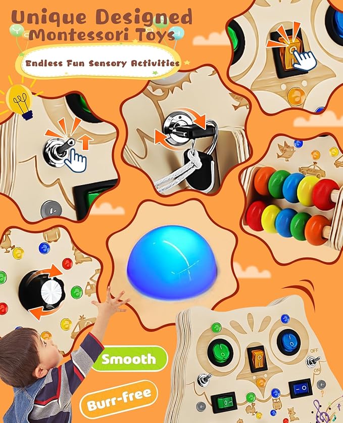 Busy Board Montessori Wooden Sensory Toy with LED Light Switches, Music, Toddler Light Switch Activity Travel Toys for 1 2 3 Year Old Boys Girls Toddler Toys Gifts
