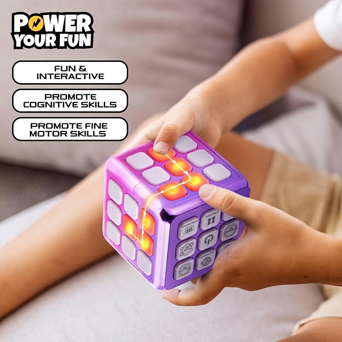Power Your Fun Cubik LED Flashing Cube Memory Game - Electronic Handheld Game STEM Toy, 5 Brain Memory Games for Kids Brain Play Sensory Toys Puzzle Fidget Toy Light Up Cube (Metallic Pink/Purple)