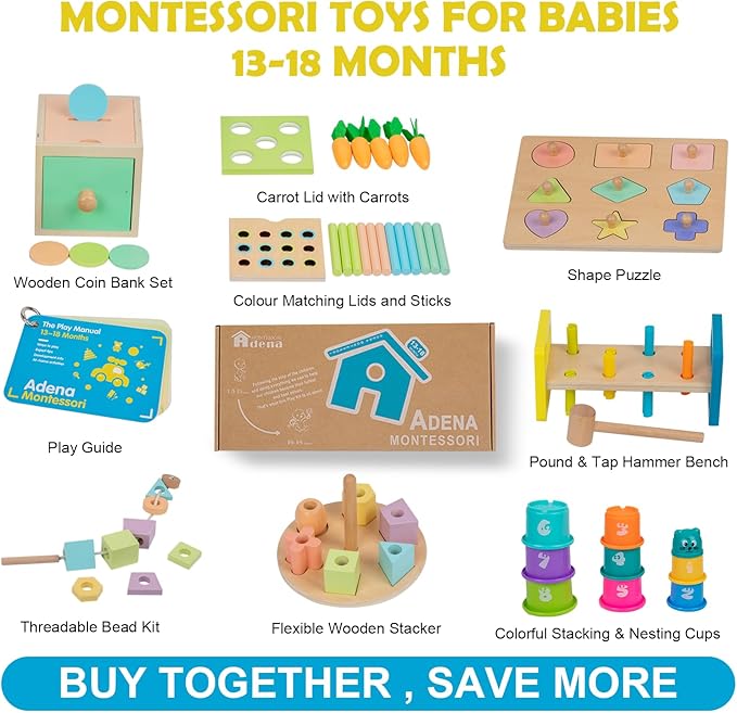 Adena Montessori Play Kit for 13-18 Month Baby,8 in 1 Toy,Colorful Stacking&Nesting Cup,Coin Bank,Coins,Carrots Lid,Carrots,Posting Lid,Flexble Stacker,Bead Kit,Shape Puzzle,Pound&Tap Hammer Bench