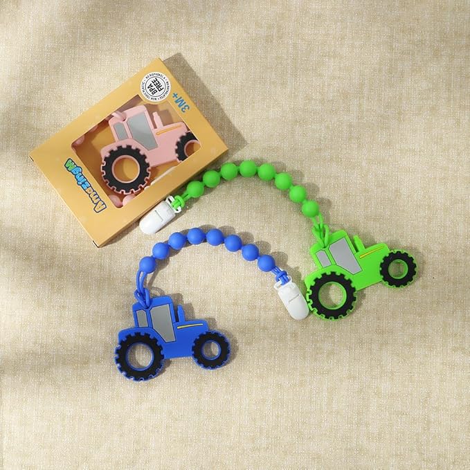 Baby Food Grade Silicone Tractor Truck Teether Toy with One Piece Design Pacifier Clip Holder,Teething Pain Relief Toys Gift Set for 3 Months+ Boys and Girls,Freezer Safe,BPA Free. (Green)
