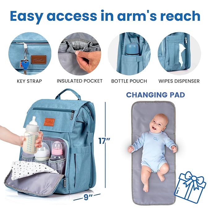 PILLANI Baby Diaper Bag Backpack - Large Bag for Boys & Girls, Waterproof Diaper Backpack - Travel Diaper Bags w/Changing Pad, Baby Registry Search & Shower Gifts - Essentials Must Haves Newborn Stuff
