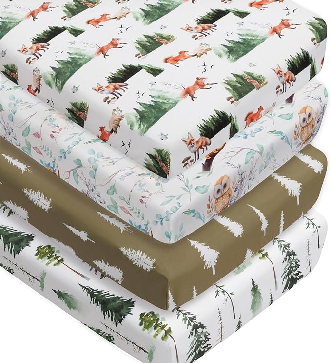 4 Pack Woodland Forest Animals Wood Neutral Unisex Fitted Baby Crib Sheets Set for Baby Boys or Girls (Paint Fox, 52 * 28)