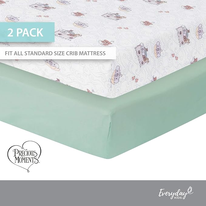Precious Moments Noah’s Ark Fitted Crib Sheet 2 Pack for Baby Boy by Everyday Kids; 1 Animals on the Ark Printed Crib Sheet and 1 Solid Bright Green; Adorable Wildlife Elephants, Giraffes, Bears Print