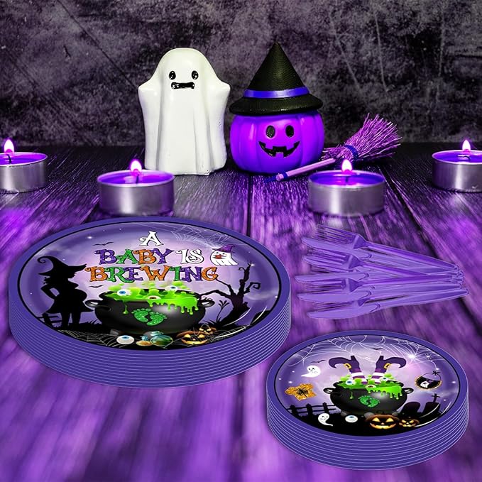 Halloween Baby Shower Decorations-142pcs A Baby is Brewing Halloween Tableware Include Plates, Napkins, Cups, Banner and Tablecloth for Boy Girl Gender Reveal Party Supplies