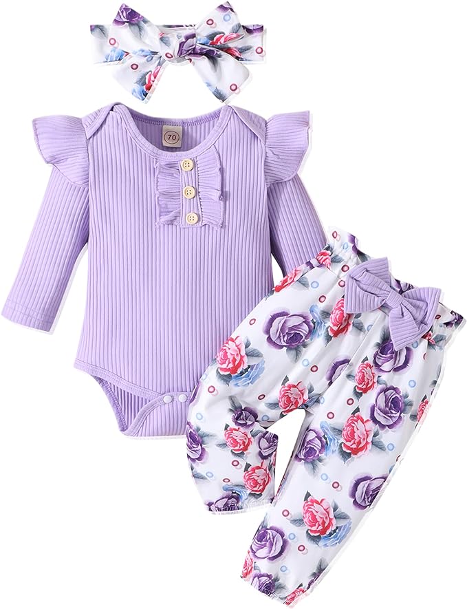 Baby Girl Clothes Newborn Infant Outfits Ruffle Romper+ Floral Pants + Cute Headband Sets for Girls