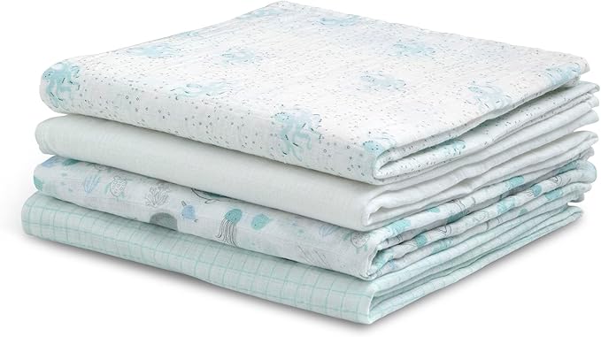 Delta Children 100% Cotton Muslin Baby Receiving Blankets for Girls and Boys – 47x47 Inches (Pack of 4), Sea Life