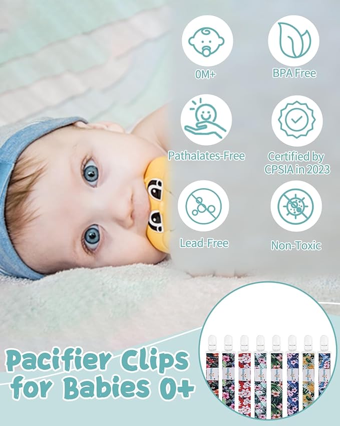 Babygoal Hawaii Pacifier Clips 8 Pack, Pacifier Holder Clips for Baby Boys and Girls Fits for Most Pacifier, Binkie Styles & Baby Teethers & Toys and Gift-Neutral Color 8PB28