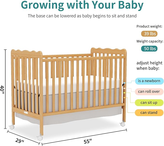 4 in 1 Convertible Baby Crib, Wooden Nursery Cribs Converts into Toddler Bed and Daybed, 3 Adjustable Base, Non-Toxic Finishes, Removable Wheels (Natural)