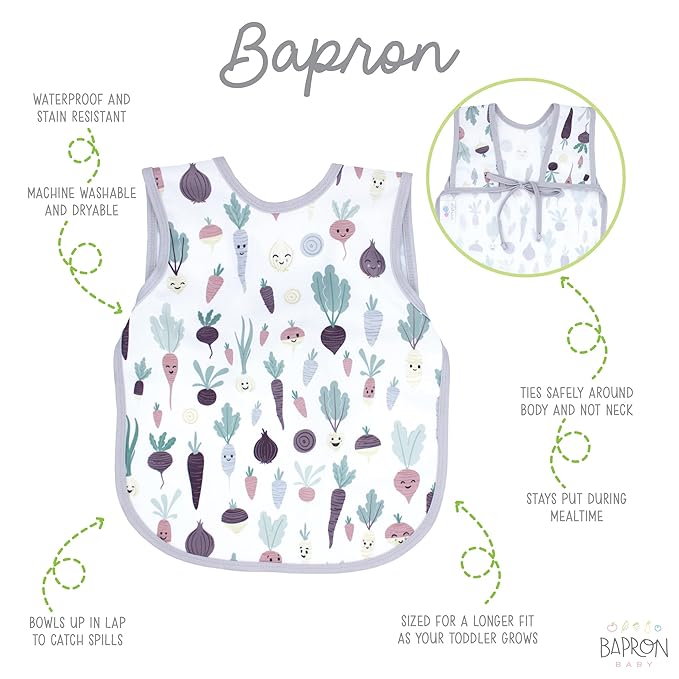 BapronBaby Root Veggies Bapron - No Neck Tie Safer Bib for Baby & Toddler - Soft Waterproof Stain Resistant - Machine Washable - Sz Baby/Toddler 6m-3T